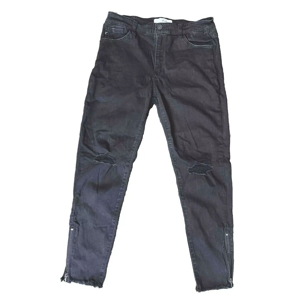 KanCan Jeans Black Side Ankle Zipper Raw Hem Distressed Denim Womens Size 13/30